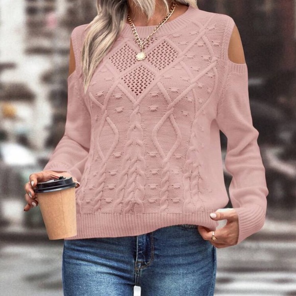 Cozy cold shoulder cable knit sweater top - Picture 3 of 15